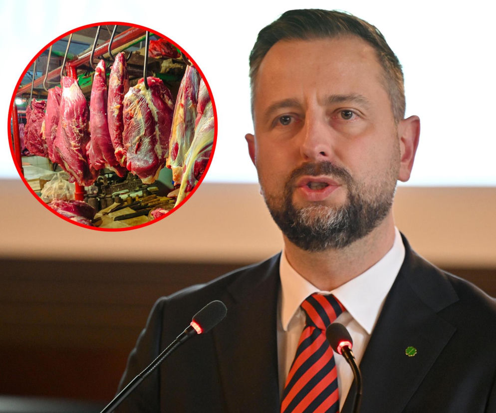Władysław Kosiniak-Kamysz, wicepremier i minister obrony, przemawia podczas konferencji, obok w okręgu widać świeże mięso wiszące na hakach. Temat umowy UE-Mercosur i jej wpływu na rynek mięsny dostępny na Super Biznes.