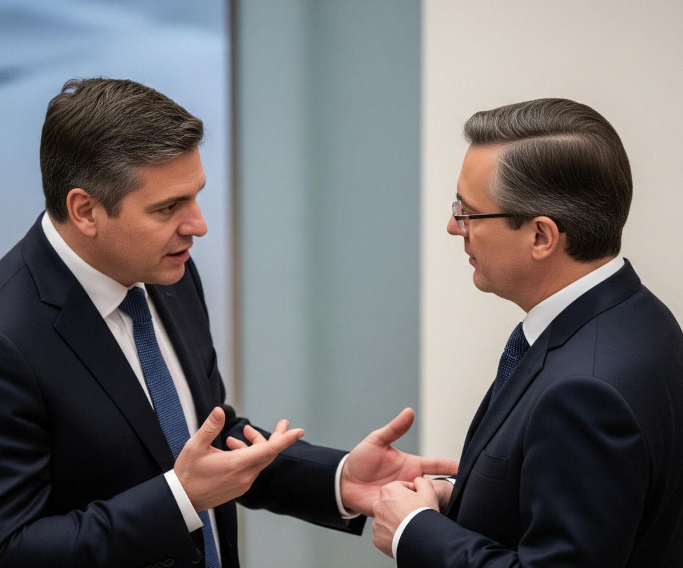 Dwóch mężczyzn w granatowych garniturach i białych koszulach, z krawatami w odcieniach niebieskiego, rozmawia ze sobą. Mężczyzna po lewej stronie, z ciemnymi włosami, gestykuluje dłońmi, patrząc na swojego rozmówcę. Mężczyzna po prawej stronie ma siwe włosy zaczesane do tyłu, okulary na nosie i stoi profilem, słuchając. Tłem jest jasne pomieszczenie z elementami w kolorach niebieskim i szarym, sugerujące wnętrze biurowe lub konferencyjne.