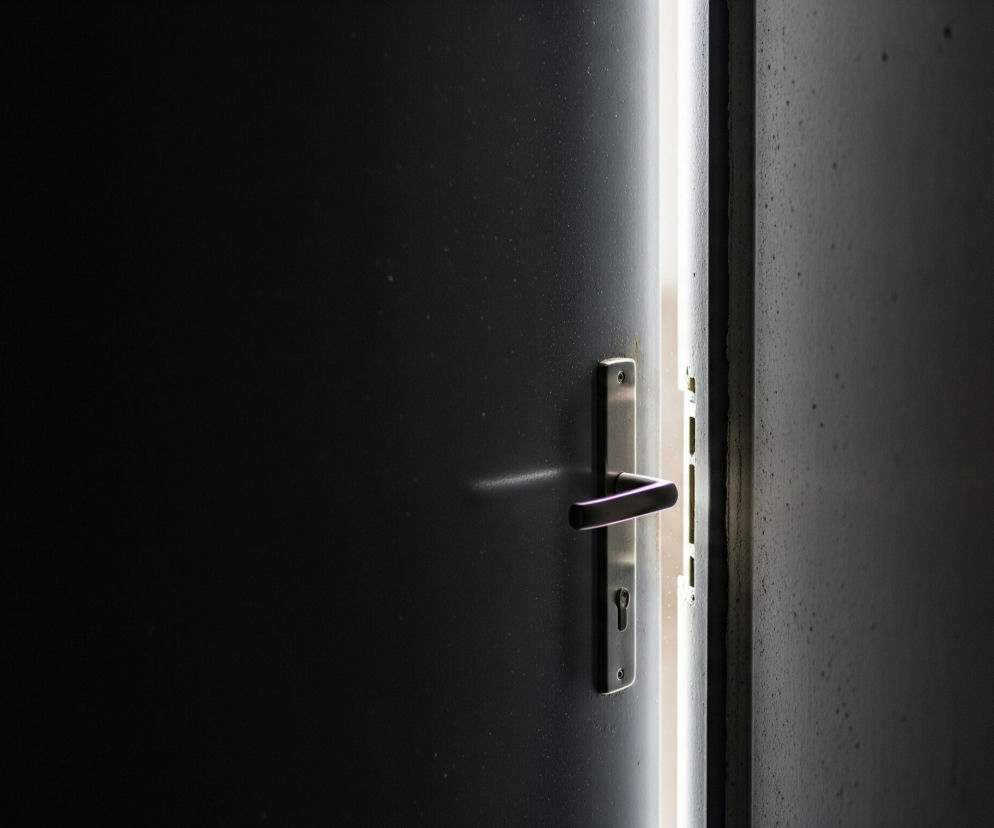 Na obrazie widoczna jest uchylona drzwi w ciemnym pomieszczeniu. Po lewej stronie dominuje ciemna, szara powierzchnia drzwi z metalową, błyszczącą klamką i zamkiem, na której odbija się smug światła. Pomiędzy lewą częścią drzwi a prawą ościeżnicą prześwituje intensywne, pionowe pasmo jasnego światła, ujawniając szarą, chropowatą teksturę ościeżnicy. Prawa strona obrazu jest zdominowana przez ciemną, szorstką ścianę, która delikatnie rozjaśnia się w kierunku szczeliny światła.