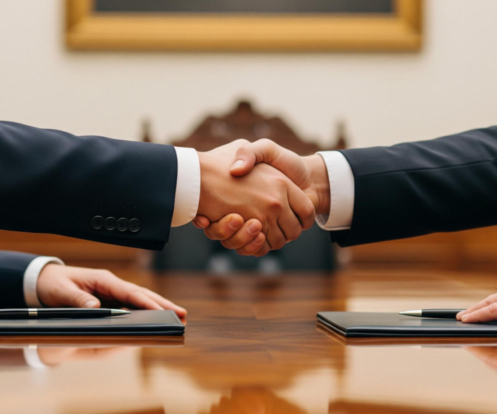 Dwa męskie przedramiona w garniturach, z mankietami białych koszul, ściskają sobie dłonie na środku kadru. Dłonie mają jasną karnację i splecione są w geście powitania lub zawarcia umowy. Poniżej, na brązowym, błyszczącym stole, leżą dwie czarne podkładki z dokumentami i długopisy, po jednym dla każdej osoby, a dłonie spoczywają obok nich. W tle widać jasną ścianę z fragmentem złotobrązowej ramy obrazu.