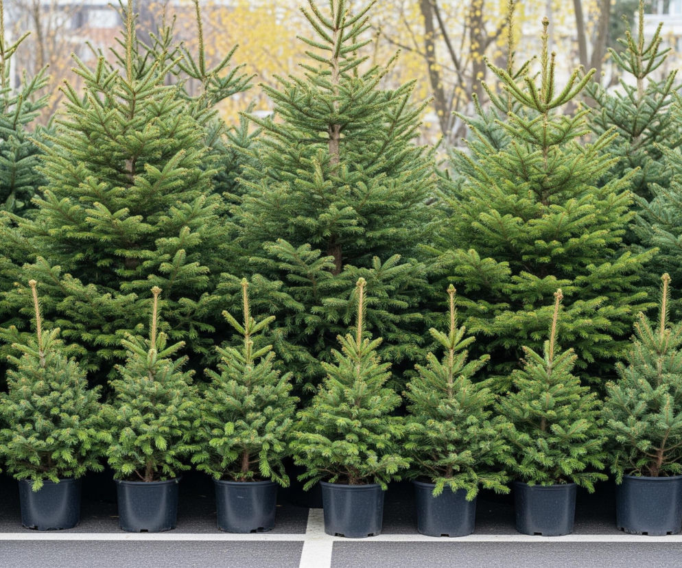 Duża liczba zielonych choinek, ustawionych rzędami. Na pierwszym planie widoczny jest rząd mniejszych drzewek w ciemnych doniczkach, stojących na ciemnym, asfaltowym podłożu z białą, poziomą linią. Za nimi rosną gęsto większe drzewa iglaste, tworząc zielone tło, a w oddali majaczą niewyraźne, jasne budynki i drzewa o żółtych liściach.