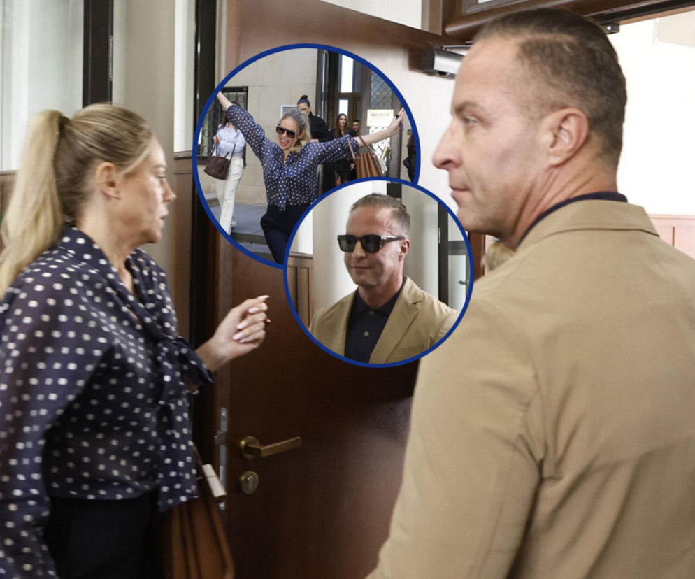 Aktor Marek Krupski i kobieta w korytarzu. Na miniaturach te same osoby w sądzie. O kulisach rozprawy przeczytasz w Eska.