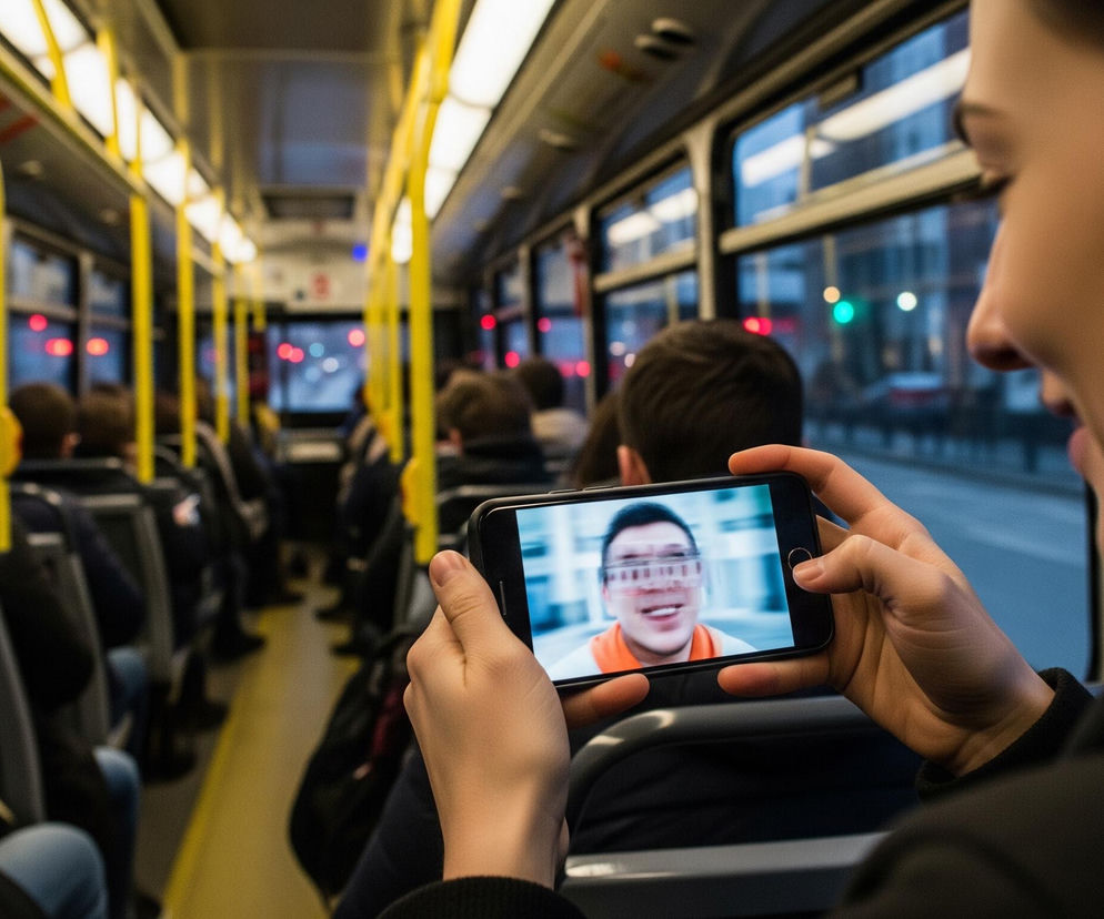 Kobieta ogląda treści wideo na smartfonie, trzymając telefon w dłoniach, siedząc w autobusie. Na ekranie widać uśmiechniętego mężczyznę, prawdopodobnie to transmisja lub film. Scena podkreśla mobilność i elastyczność konsumpcji mediów, o czym pisze Super Biznes.