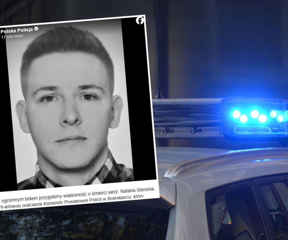 Radiowóz policyjny na sygnale. Obok na wstawce czarno-biały portret sierżanta Natana Sieronia. Więcej w SE Wrocław.