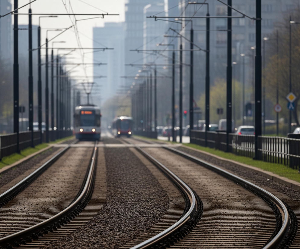 Na pierwszym planie widoczne są dwa tory tramwajowe wygięte lekko w prawo, ułożone na szarym tłuczniu, otoczone pasem zielonej trawy i niskim, betonowym krawężnikiem. Wzdłuż torów, po obu stronach, biegnie czarne, metalowe ogrodzenie oraz rząd ciemnych słupów trakcyjnych, z których zwisają kable. Dalej, na torach, widać zbliżający się tramwaj z włączonymi światłami, a w tle majaczy drugi, mniej wyraźny tramwaj. Po bokach torowiska rozciąga się ulica z rzędem zaparkowanych samochodów po prawej stronie oraz budynki miejskie w oddali, zamazane przez mgłę.