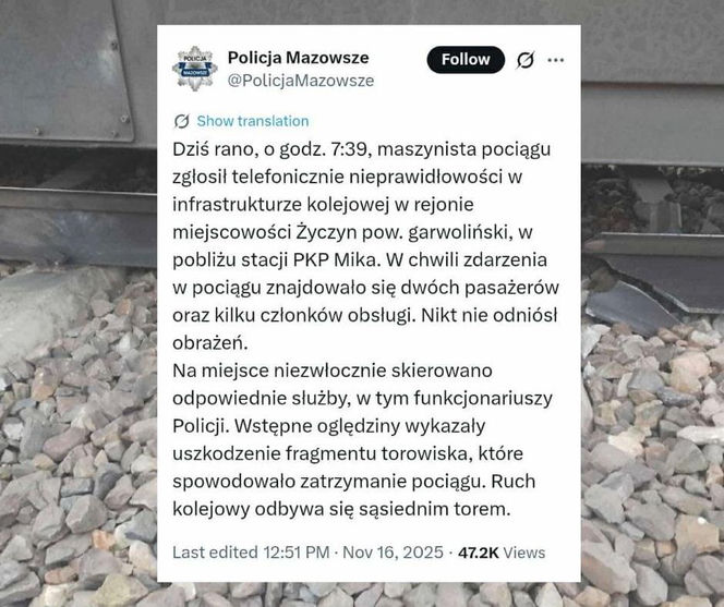 Uszkodzone tory pod Garwolinem