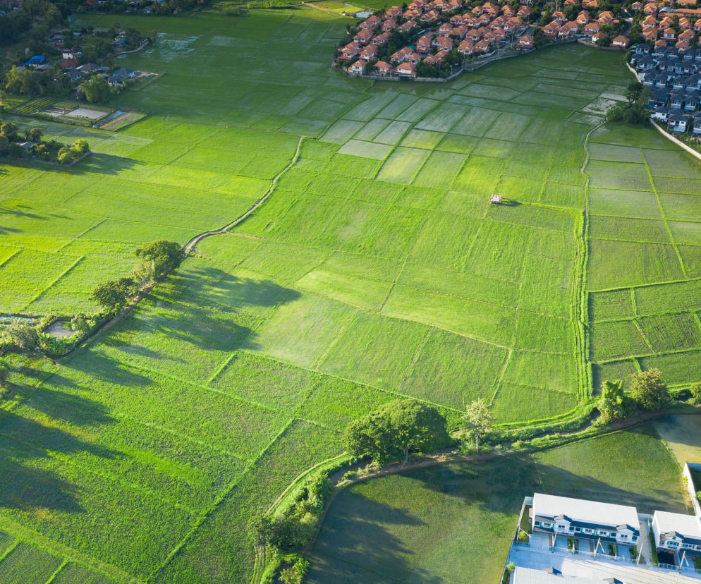 Widok niezabudowanych działek budowlanych z lotu ptaka