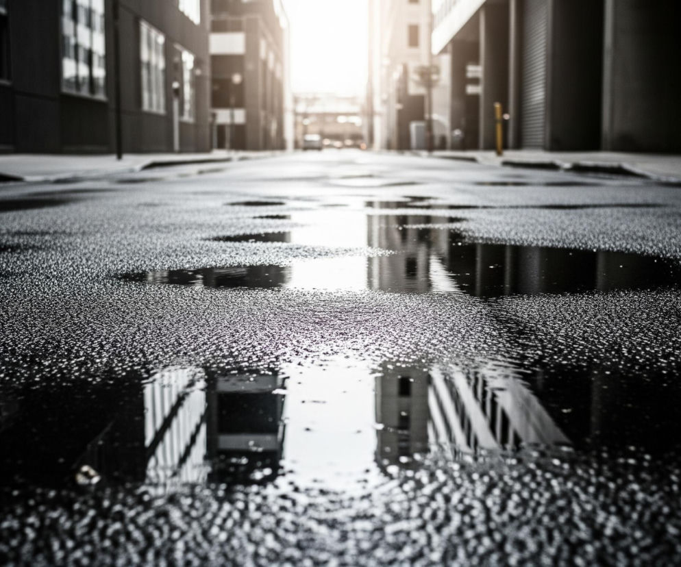 Asfaltowa ulica w mieście po deszczu, wypełniona kałużami i odbiciami światła. Jasne słońce świeci w oddali, tworząc rozjaśnienie w centrum kadru i rozświetlając budynki w tle. Kałuże na pierwszym planie odbijają fragmenty wysokich budynków z wyraźnymi oknami i elementami architektonicznymi. Tekstura mokrego asfaltu jest ziarnista, z małymi kropelkami wody widocznymi na powierzchni.