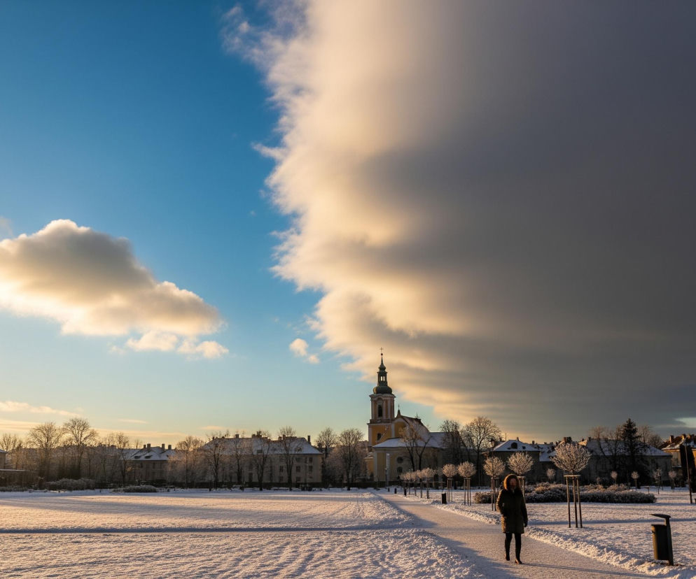 Kobieta w ciemnej kurtce z kapturem idzie po zaśnieżonej alejce w parku. Po prawej stronie widać kosz na śmieci i młode drzewka z oszronionymi gałęziami, zaś po lewej rozpościera się szerokie, ośnieżone pole. W tle dominuje jasny, żółto-pomarańczowy kościół z wysoką wieżą zwieńczoną kopułą, za którym znajdują się budynki z dachami pokrytymi śniegiem oraz nagie drzewa. Niebo jest częściowo błękitne z jasnymi, ciepłymi chmurami, a częściowo pokryte ciemnymi, burzowymi chmurami.