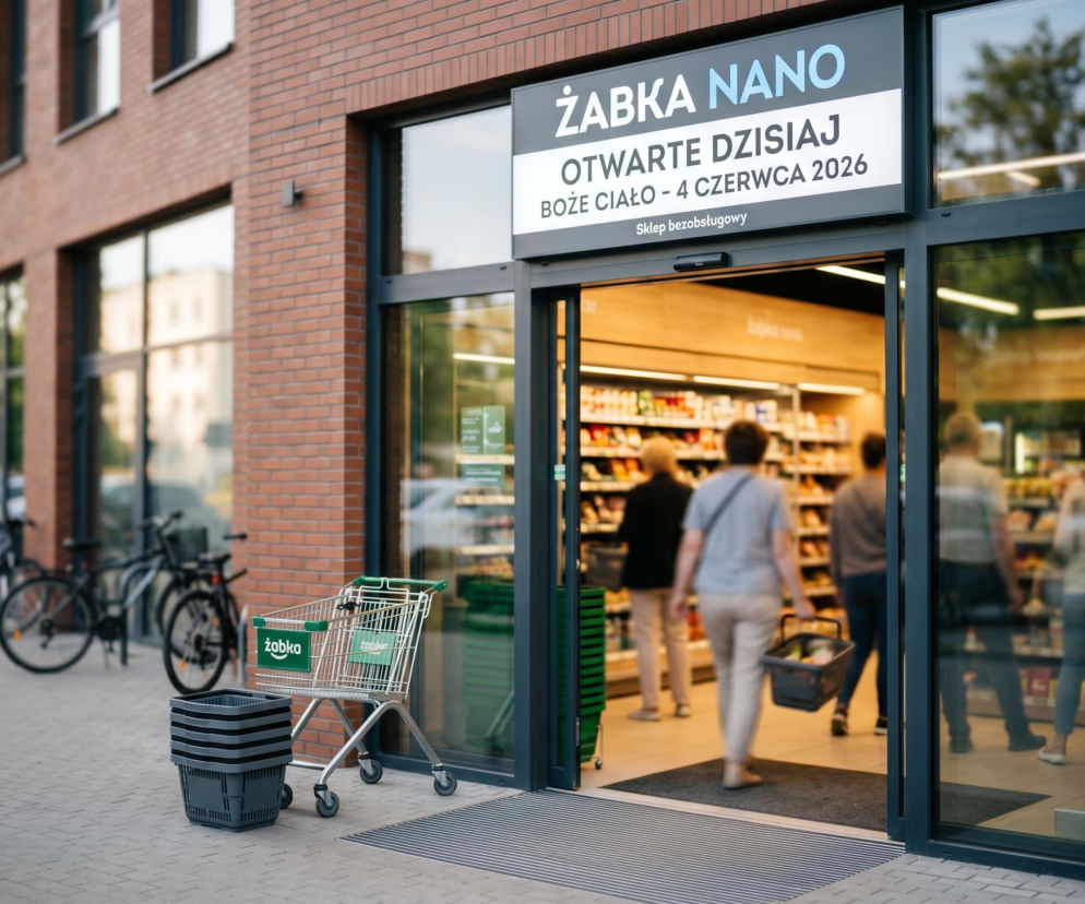 Wejście do sklepu Żabka Nano, które jest otwarte w Boże Ciało 4 czerwca 2026 roku, z widocznymi w tle klientami i wózkiem sklepowym. Na Super Biznes przeczytasz o otwartych sklepach w święta.