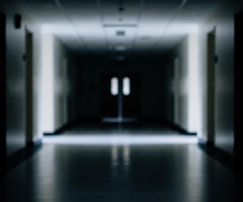 Długi korytarz jest perspektywicznie przedstawiony, z ciemnymi ścianami po obu stronach i odległym, jaśniejszym zakończeniem. Światło rozprasza się od końca korytarza, tworząc jasne pasmo na podłodze, odbijające się od błyszczącej powierzchni. Na suficie widać rzędy opraw oświetleniowych, które stają się bardziej wyraźne w miarę oddalania się w głąb obrazu, a po bokach zauważalne są ciemne zarysy drzwi.