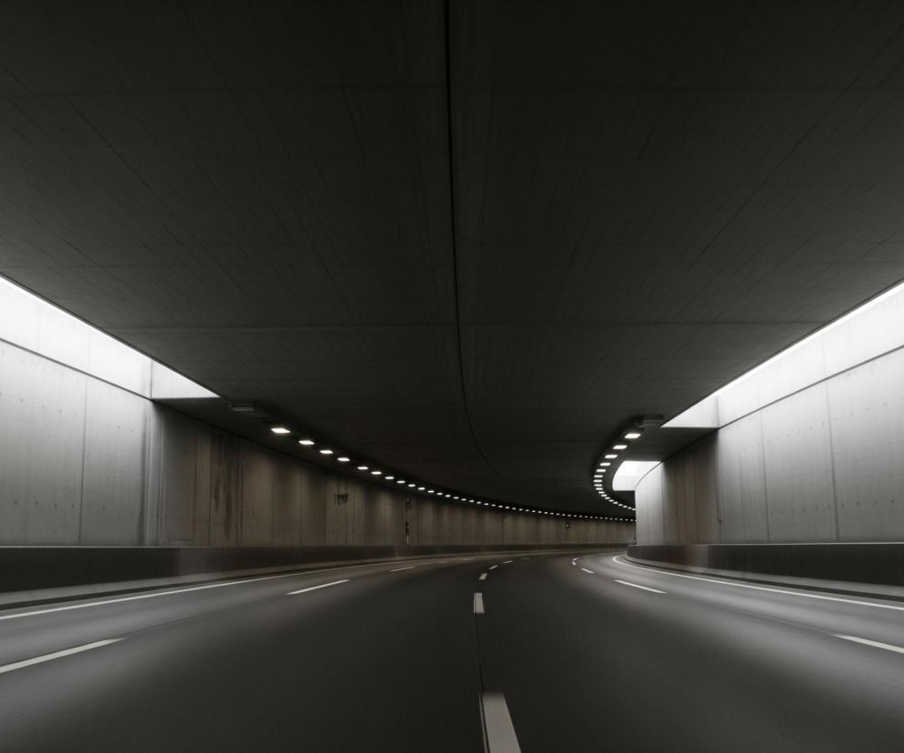 W środku nowoczesnego, betonowego tunelu, dwupasmowa droga wijąca się w prawo, prowadzi w głąb ciemności. Sufit tunelu jest ciemnoszary, a ściany po obu stronach wykonane są z jasnoszarego betonu, z widocznymi poziomymi i pionowymi łączeniami. Po lewej stronie górna część ściany oświetlona jest przez długą, ciągłą linię światła biegnącą wzdłuż całej długości tunelu, tworząc jasny kontrast z ciemnym sufitem. Po prawej stronie, niżej, wzdłuż zakrętu drogi, widoczny jest rząd jasnych, okrągłych świateł, rozjaśniających ścianę i część sufitu. W oddali, na końcu zakrętu, widoczne jest wyjście z tunelu, które jest jaśniejsze, prawdopodobnie z dostępem do światła dziennego.