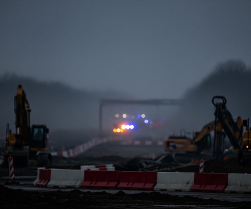 Scena przedstawia plac budowy lub obszar robót drogowych w szary, mglisty dzień. Na pierwszym planie, u dołu kadru, widoczne są fragmenty ciemnego, nierównego terenu, prawdopodobnie ziemi lub błota. Bezpośrednio za nimi biegnie rząd barierek drogowych w kolorach czerwonym i białym. W tle dominują dwie żółte koparki, umieszczone po lewej i prawej stronie kadru, z czego prawa jest nieco bardziej wyraźna niż lewa. Pomiędzy koparkami, w oddali, rozciąga się droga lub pas roboczy, na którym widać liczne, rozmyte światła w kolorach pomarańczowym i niebieskim, sugerujące obecność pojazdów lub świateł ostrzegawczych w oddali. Cały pejzaż tonie w mglistej, szarobłękitnej atmosferze, a horyzont zamazuje linia ciemnych drzew.