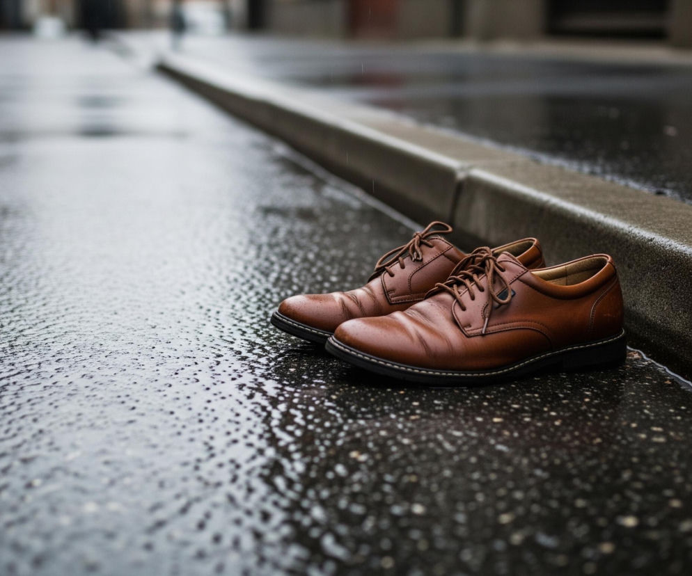 Na mokrej, asfaltowej powierzchni leżą dwie brązowe, skórzane półbuty sznurowane, ustawione obok siebie, skierowane do góry i lekko w lewo. Asfalt pokryty jest licznymi kroplami wody, tworzącymi odblaski i odbicia światła, a za butami znajduje się ciemnoszary krawężnik, odgradzający chodnik od jezdni. W tle, rozmyte, widać zarys ulicy i budynków, sugerujący miejski krajobraz w deszczowy dzień.
