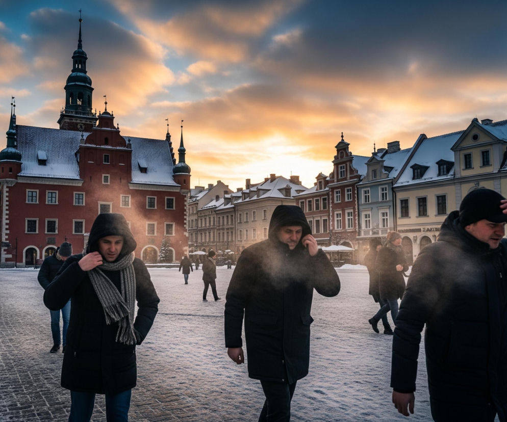Na pierwszym planie widocznych jest pięciu ludzi idących po zaśnieżonym, brukowanym placu. Dwie osoby z lewej i trzy z prawej strony kadru, wszyscy w zimowych, ciemnych ubraniach, z wyraźnie widoczną parą wydychaną z ust, świadczącą o niskiej temperaturze. Tło stanowi zabytkowa architektura, w tym duży, czerwony budynek z zielonymi, ostrymi wieżami pośrodku oraz szereg kolorowych kamienic, których dachy również pokrywa śnieg. Niebo, widoczne za budynkami, jest częściowo błękitne, przechodzące w ciepłe odcienie pomarańczu i różu, z rozproszonymi chmurami.
