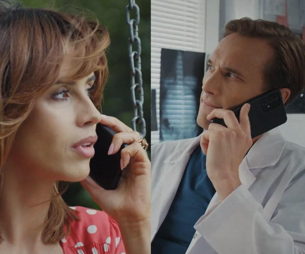 Kama (Michalina Sosna) i Olek (Maurycy Popiel) prowadzą rozmowę telefoniczną, Kama jest po lewej stronie kadru, a Olek po prawej. Ta scena z serialu M jak miłość zapowiada zmianę pracy Kamy. Więcej informacji o serialowych perypetiach znajdziesz na Super Seriale.