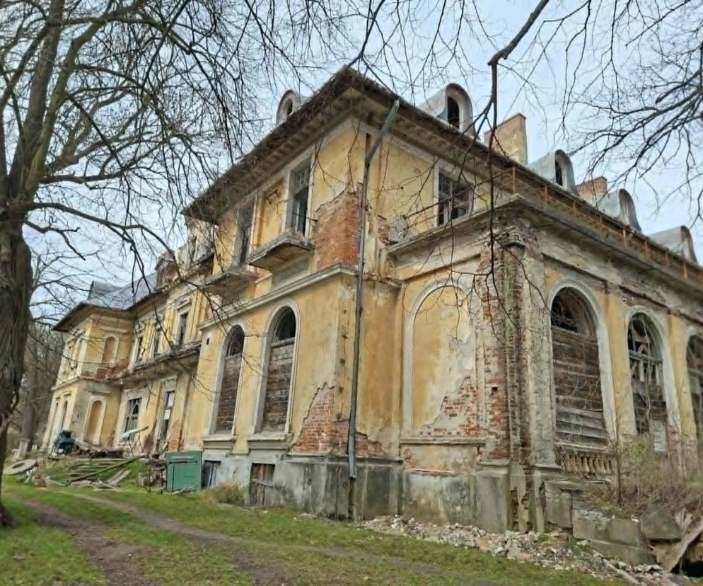 Zniszczona elewacja pałacu Druckich-Lubeckich w Bałtowie. O zabytkach w regionie przeczytasz na Eska Starachowice.