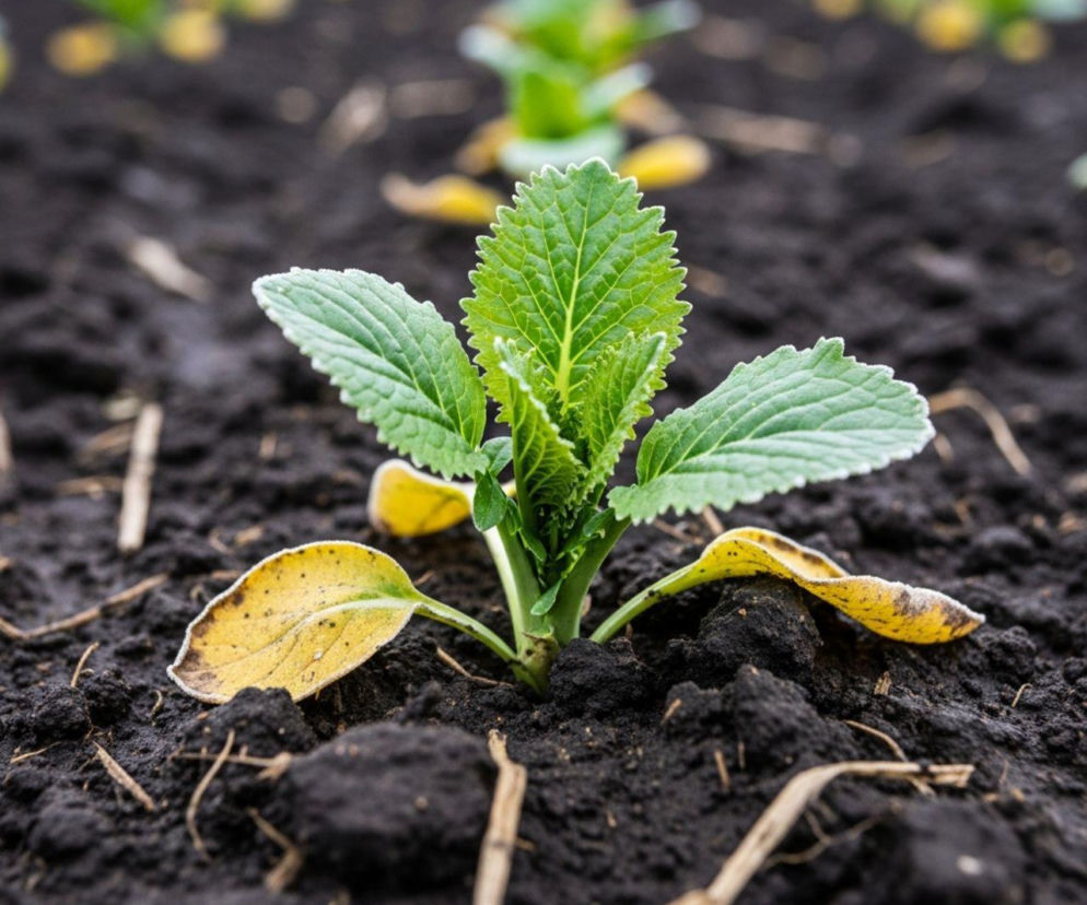 Młoda roślina rzepaku z zielonymi liśćmi, rosnąca na ciemnej glebie, z kilkoma żółknącymi dolnymi liśćmi, świadcząca o potrzebie oceny przezimowania. O tym, jak to zrobić skutecznie, przeczytasz na portalu Super Biznes.