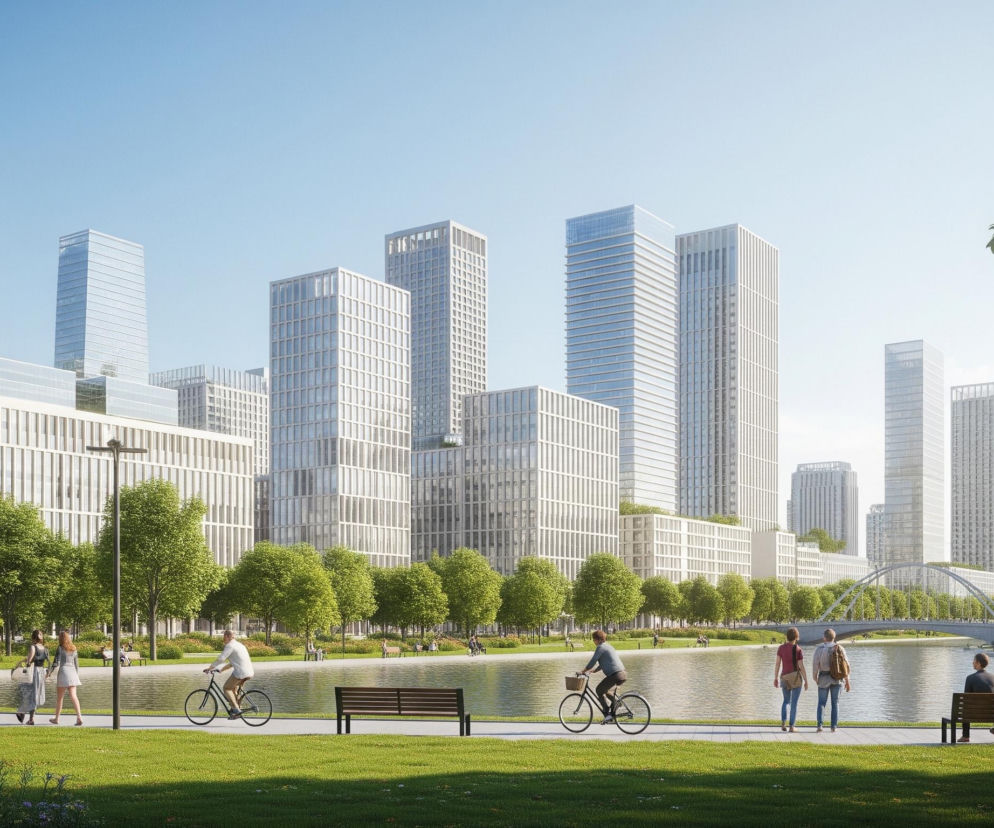 Poniżej znajduje się nowoczesny park z rozległym trawnikiem, po którym prowadzi chodnik wzdłuż brzegu wąskiego kanału wodnego. Po obu stronach kanału rosną rzędy drzew o jasnozielonych liściach, a za nimi wznoszą się liczne, wysokie budynki biurowe i mieszkalne w odcieniach bieli i błękitu, z dominującymi szklanymi fasadami. W parku widać kilka osób spacerujących, siedzących na ławkach oraz jadących na rowerach, a w oddali nad kanałem rozciąga się biały, łukowy most. Całość jest skąpana w jasnym, słonecznym świetle pod czystym, błękitnym niebem.