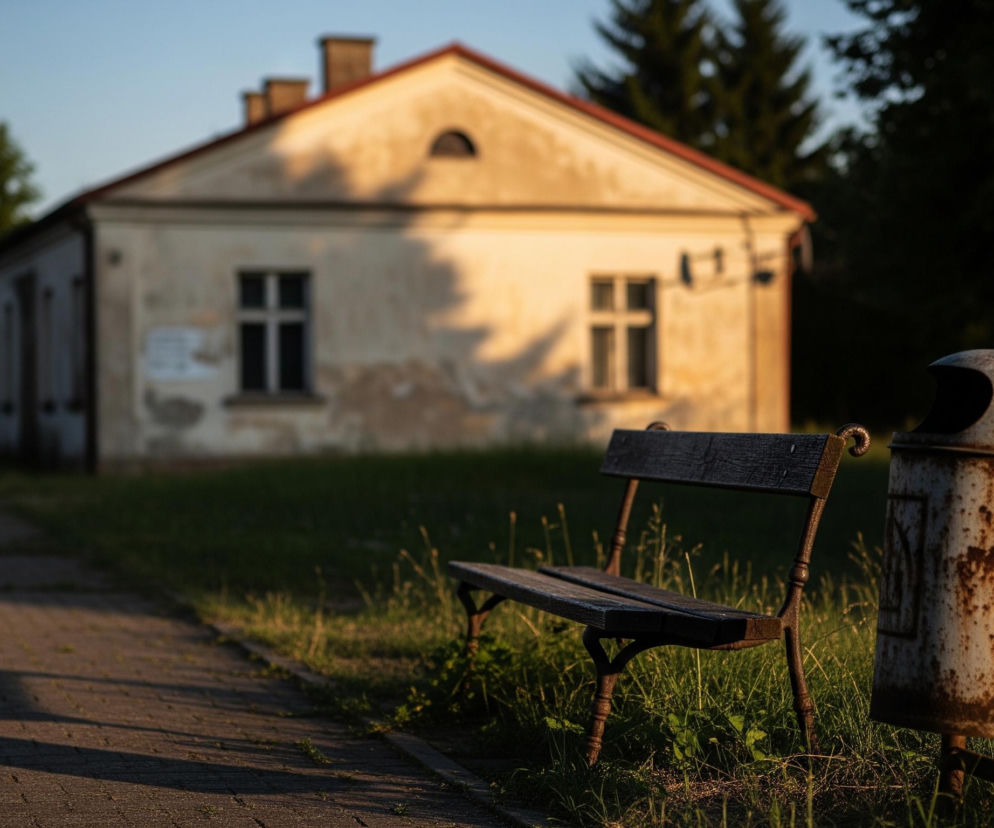 Na pierwszym planie, z prawej strony, znajduje się zardzewiały kosz na śmieci w kształcie walca, obok niego stoi drewniana ławka z metalowymi, rdzawymi nogami, osadzona w wysokiej trawie. Na lewo od ławki ciągnie się chodnik z szarej kostki brukowej, na który padają długie cienie. W tle, za zieloną trawą, widoczny jest dwupiętrowy, beżowy budynek z czerwonym dachem, oświetlony częściowo przez złociste słońce, z wyraźnymi plamami cienia na elewacji. Nad budynkiem widać błękitne niebo i zarys zielonych drzew po obu stronach.
