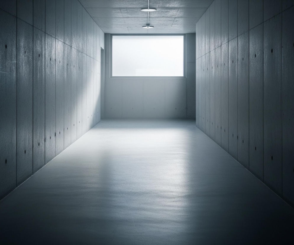 Długi, wąski korytarz wyłożony jest szarym, surowym betonem. Na końcu korytarza znajduje się duże, prostokątne okno, z którego wpada jasne, białe światło, rozjaśniając podłogę i lewą ścianę, tworząc wyraźny kontrast z ciemniejszymi partiami pomieszczenia. Sufit o podobnej teksturze, z dwiema okrągłymi lampami wiszącymi wzdłuż osi korytarza, także odbija światło w pobliżu okna. Na obu ścianach widoczne są regularnie rozmieszczone, małe, okrągłe wgłębienia oraz delikatne pionowe linie, imitujące fakturę szalunku.