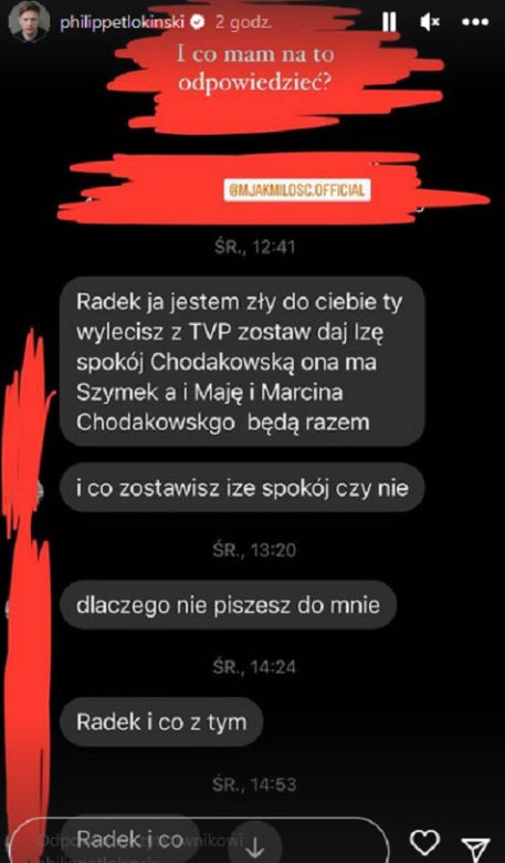 Radek (Philippe Tłokiński) pokazał na Instagramie wiadomość od fana 