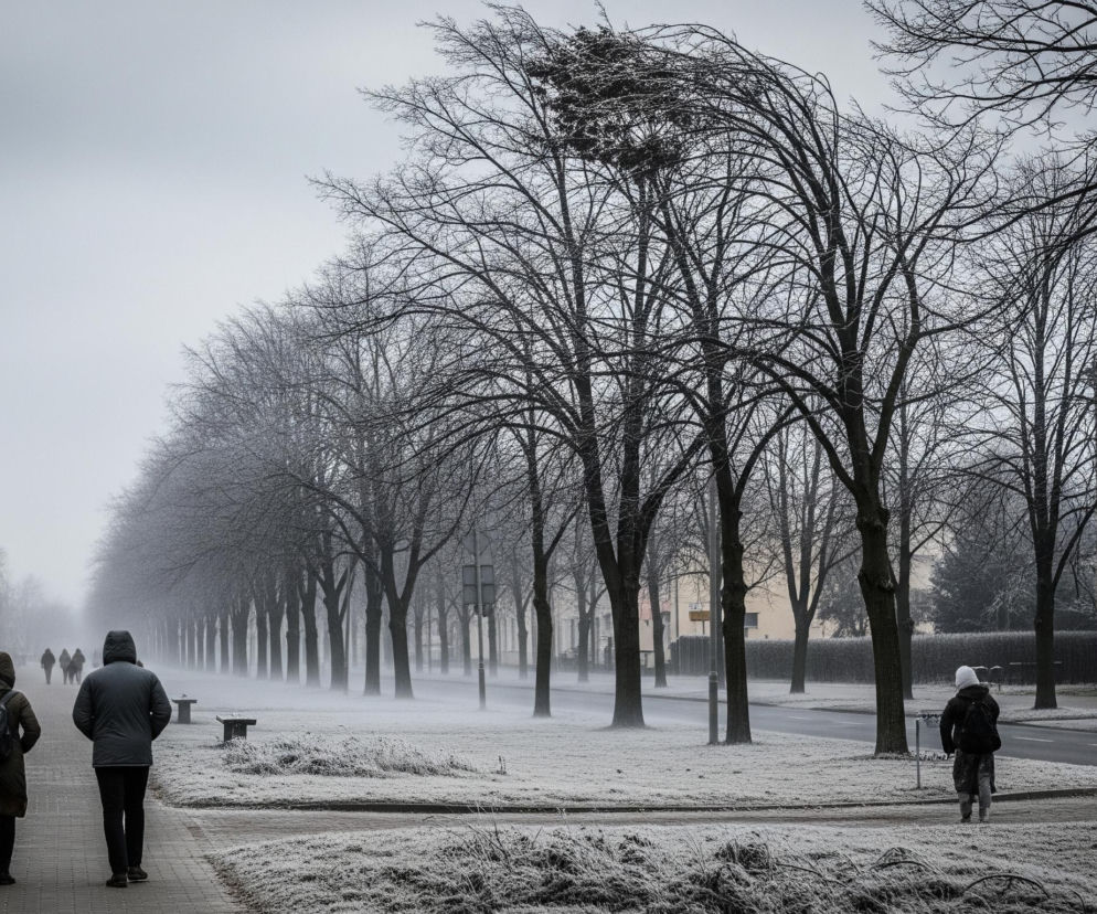 Wzdłuż zimowej ulicy idą cztery osoby ubrane w ciemne, grube ubrania z kapturami. Po lewej stronie widać ciąg budynków w pastelowych kolorach, a po prawej rząd drzew z nagimi gałęziami, pokrytymi szronem, z czego jedno wyróżnia się gniazdem na szczycie. Ziemia wokół drzew i wzdłuż krawężników jest pokryta szronem, tworzącym białą powłokę, a dalszy plan ulicy spowija mgła, nadająca scenie rozmyty i tajemniczy charakter. Niebo jest jednolicie szare.