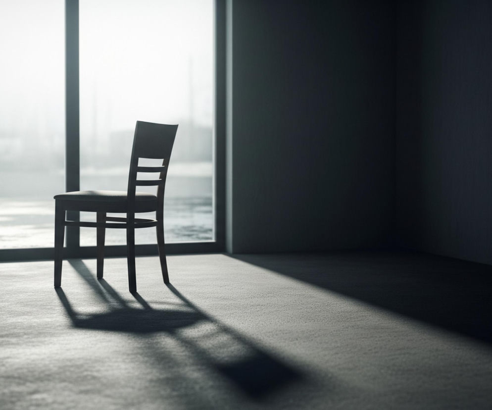 Ciemne, drewniane krzesło stoi na jasnej, teksturowanej podłodze, umieszczone po lewej stronie kadru. Za krzesłem znajduje się duże okno, wypełniające tło oślepiającym, białym światłem, które tworzy długi, rozmyty cień krzesła, rozciągający się w prawą stronę podłogi. Prawa strona pomieszczenia jest znacznie ciemniejsza, pogrążona w głębokim cieniu.