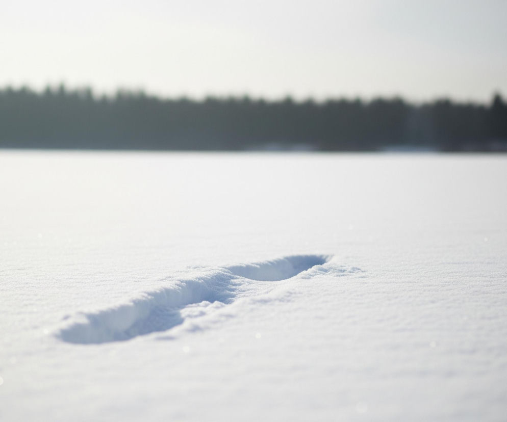 Na pierwszym planie widoczna jest jednolita, biała warstwa śniegu, pokrywająca całą dolną część kadru. W centralnej części obrazu, na śniegu, znajduje się wyraźny odcisk stopy lub zagłębienie o nieregularnym kształcie, z lekko podniesionymi krawędziami. W tle, na horyzoncie, rozciąga się ciemna linia zarysów drzew, które są zamazane i rozmyte, kontrastując z jasnym, rozświetlonym niebem powyżej. Cała scena jest skąpana w naturalnym świetle, tworząc subtelne cienie i refleksy na powierzchni śniegu.