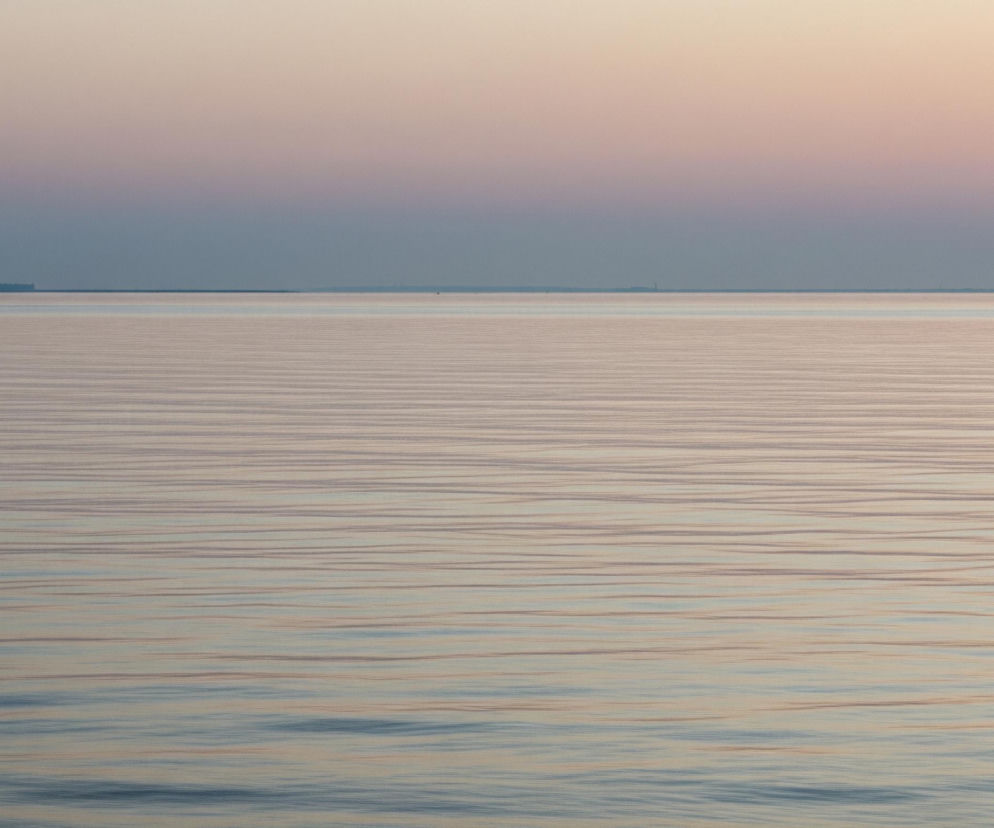 Powierzchnia wody, lekko pomarszczona przez fale, zajmuje większą część obrazu, odbijając światło w odcieniach bladego różu, pomarańczy i błękitu. Horyzont jest wyraźną linią oddzielającą wodę od nieba, które stopniowo przechodzi od jasnego beżu u góry do delikatnego fioletu i szarości tuż nad horyzontem. Na dalekim horyzoncie, po lewej stronie, widać ciemną, podłużną formację, a po prawej stronie, również na horyzoncie, rysuje się pojedyncza, pionowa struktura.