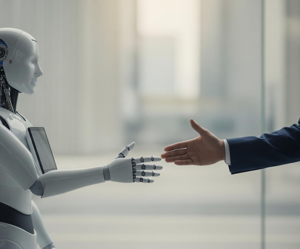 Biało-czarny robot z widocznymi mechanizmami w głowie i szyi stoi po lewej stronie, trzymając w lewym ręku czarny tablet i wyciągając prawą dłoń w geście uścisku. Naprzeciw niego, po prawej, znajduje się mężczyzna w ciemnym garniturze i krawacie, z białą koszulą, również wyciągający dłoń do uścisku. Postacie są częściowo widoczne w jasnym, rozmytym tle, które sugeruje wnętrze nowoczesnego biura ze szklanymi ścianami.