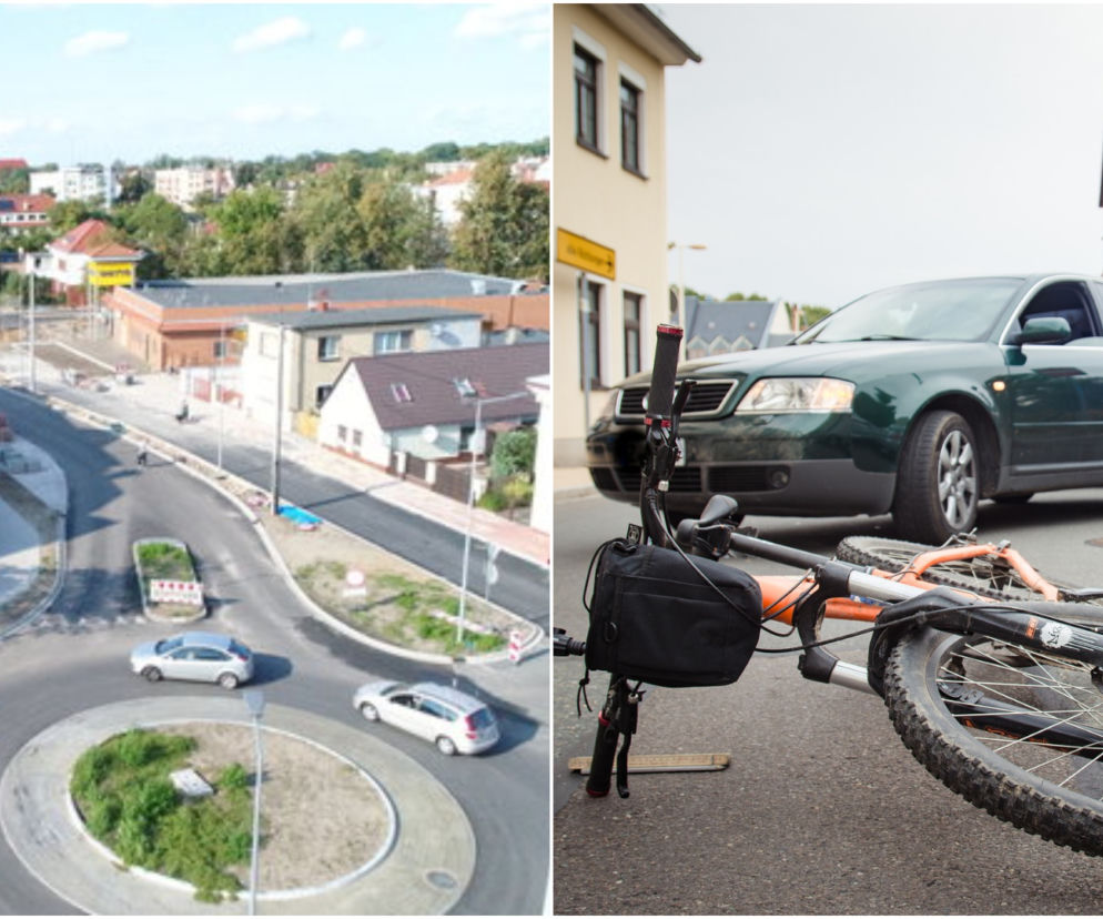 Leszno. Wystrzelił w powietrze i upadł na jezdnię! Rowerzysta huknął prosto w auto. Szokujące nagranie z ronda