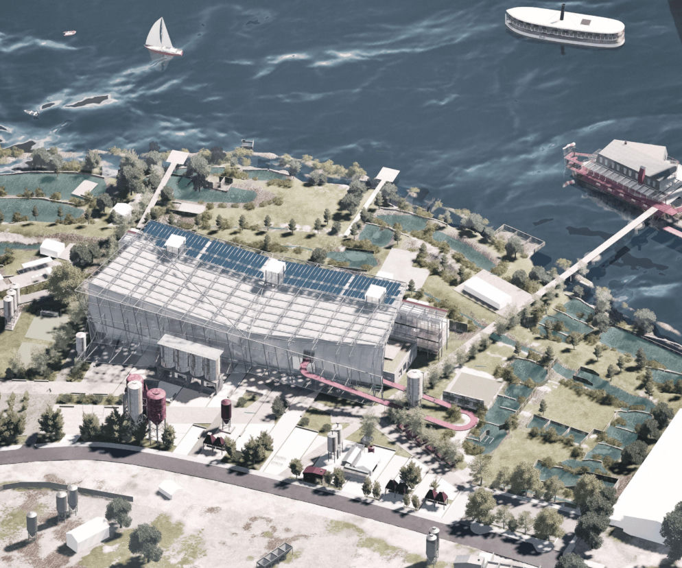 Wizualizacja zwycięskiego projektu Ceding the Sava z konkursu Saint-Gobain Architecture Student Contest, przedstawiająca koncepcję rewitalizacji postindustrialnego nabrzeża Sawy w Belgradzie na całoroczne centrum sportu i rekreacji, o czym przeczytasz więcej na Architektura Murator Plus.