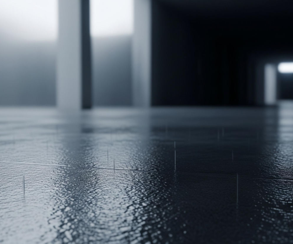 Ciemne, mokre podłoże z drobnymi kałużami odbija niewyraźne światło z góry. Na powierzchni widoczne są drobne pionowe smugi, imitujące padające krople deszczu, które tworzą małe kręgi i fale. W tle, podłoga przechodzi w jaśniejsze obszary z kilkoma pionowymi, prostokątnymi słupami, a w oddali majaczy ciemne przejście z jasno oświetlonym prostokątnym otworem. Całość utrzymana jest w chłodnych odcieniach szarości i błękitu, z dominującą ciemnością i punktowymi rozjaśnieniami.