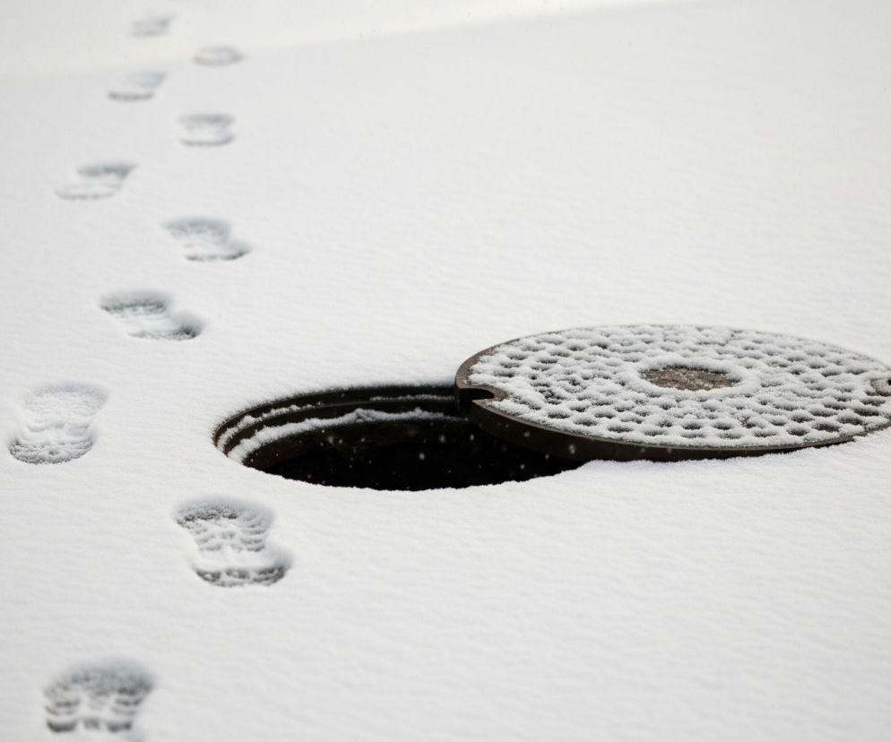 Na zdjęciu widoczna jest śnieżna powierzchnia, przez którą biegnie linia śladów stóp. Ślady, głęboko odciśnięte w białym puchu, prowadzą od lewej górnej części kadru w dół, kończąc się przy otwartym włazie kanalizacyjnym. Okrągła, ciemna pokrywa włazu, częściowo przysypana śniegiem i zdobiona regularnym wzorem małych otworów, jest przechylona, odsłaniając czarną, głęboką czeluść. Biały śnieg pokrywa całą powierzchnię, tworząc zimowy krajobraz.