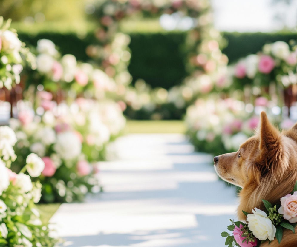 Po prawej stronie obrazu siedzi rudobrązowy pies, patrzący w lewo, z profilu. Na jego szyi widoczny jest wianek z różowych i białych kwiatów oraz zielonych liści. Pies znajduje się na tle długiego, białego dywanu lub przejścia, które prowadzi w głąb sceny. Po obu stronach przejścia rozmieszczone są liczne, niewyraźne dekoracje kwiatowe w odcieniach różu, bieli i zieleni, tworzące szpaler. W oddali, w centrum kadru, widać rozmyty, zielony łuk udekorowany kwiatami, a za nim niewyraźne drzewa i roślinność.