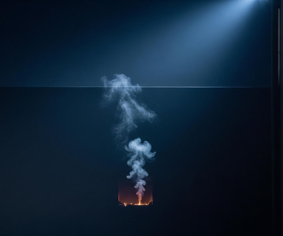 Centralnym punktem ciemnego obrazu jest smuga białego dymu unosząca się z niewielkiego, prostokątnego otworu u dołu. Wewnątrz otworu widać wiele drobnych, pomarańczowo-żółtych punktów światła, przypominających małe ogniska lub żar. Całe tło ma głęboki, granatowy odcień, a w prawym górnym rogu widoczna jest jasna smuga światła, oświetlająca fragment dymu. Przez środek obrazu, poziomo, biegnie cienka, biała linia.
