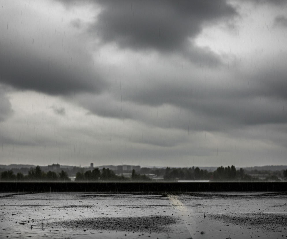 Ciemne, szare chmury dominują w górnej części kadru, z widocznymi licznymi smugami deszczu spadającymi pionowo w dół. Poniżej, w połowie obrazu, znajduje się szeroki, ciemny pas, prawdopodobnie mur lub barierka, oddzielający mokrą nawierzchnię od odległego krajobrazu. Na horyzoncie rysuje się pasmo zielonych drzew i zabudowań miejskich, niewyraźnych z powodu mgły deszczowej. Pierwszy plan zajmuje mokra, asfaltowa powierzchnia z widoczną białą linią, odbijająca światło i krople deszczu, tworząc liczne refleksy.