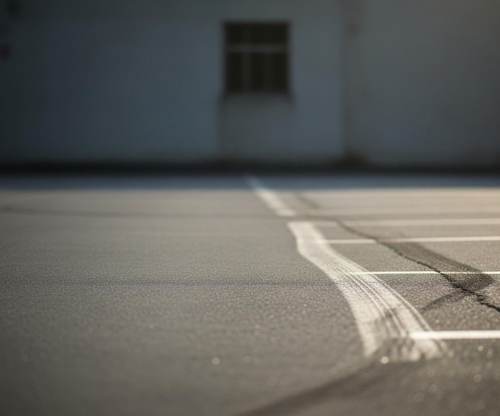 Na pierwszym planie widoczna jest szara, asfaltowa nawierzchnia z wyraźną teksturą, na której znajdują się białe, malowane linie. Jedna z linii, o nieregularnym kształcie, zakręca w prawo i ma ślady opon przebiegające przez nią. Nawierzchnia jest pęknięta w kilku miejscach, a światło słoneczne tworzy jasne refleksy na jej powierzchni. W tle, rozmyty budynek w odcieniach szarości z ciemnymi oknami i drzwiami zajmuje górną część kadru.