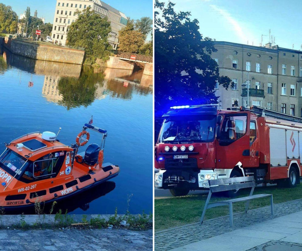 Łódź WOPR na Odrze. Obok na drugim zdjęciu wozy strażackie. O akcji służb we Wrocławiu przeczytasz na Eska Wrocław.