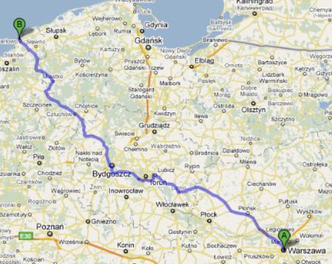 Trasa 10 i 25 Warszawa-Darłowo - mapka