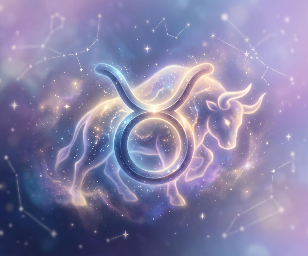 Świecący symbol zodiakalnego Byka na tle gwieździstego kosmosu. O horoskopie dla Byka przeczytasz w serwisie Eska.