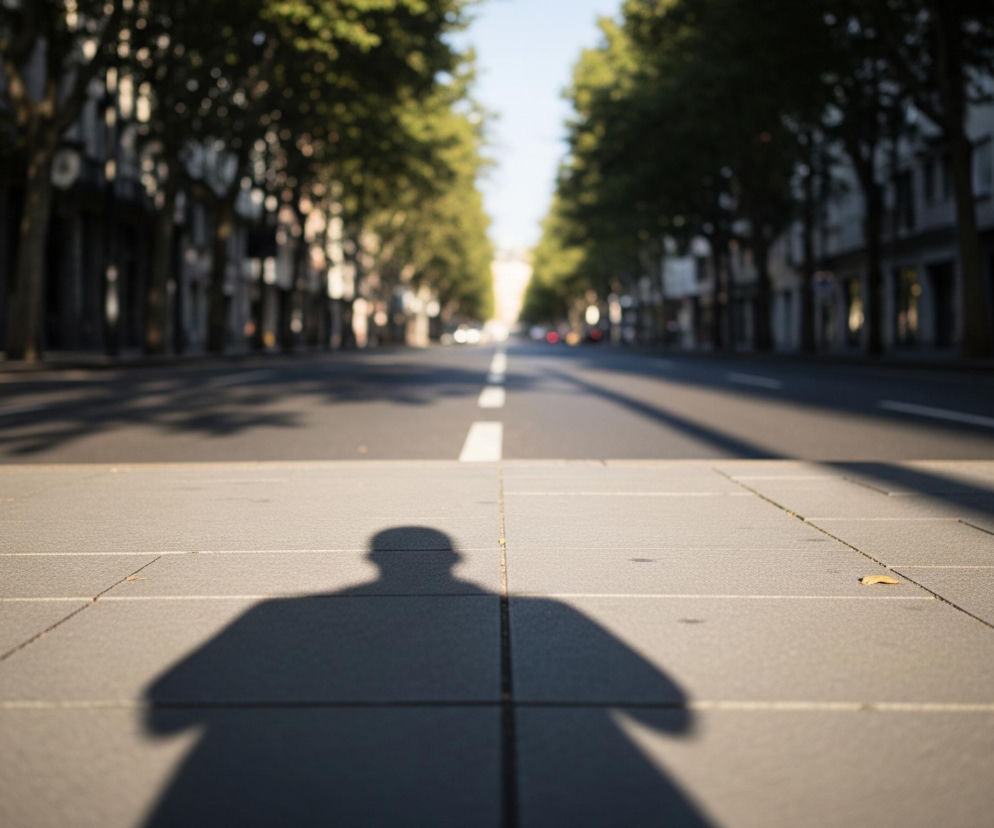 Na pierwszym planie widoczny jest chodnik zbudowany z szarych, prostokątnych płyt, na którym pada duży, ciemny cień człowieka, rozciągający się od dołu kadru. Cień jest wyraźnie zarysowany, a jego górna część ukazuje kształt głowy i ramion. Za chodnikiem rozpościera się szeroka, asfaltowa droga z białą linią ciągłą biegnącą przez środek, zanikającą w oddali. Po obu stronach drogi rosną gęste rzędy drzew o zielonych koronach, a za nimi widać niewyraźne, ciemne budynki. Całość jest oświetlona słońcem, które tworzy długie cienie drzew na drodze i chodniku, nadając scenie głębię i kontrast.