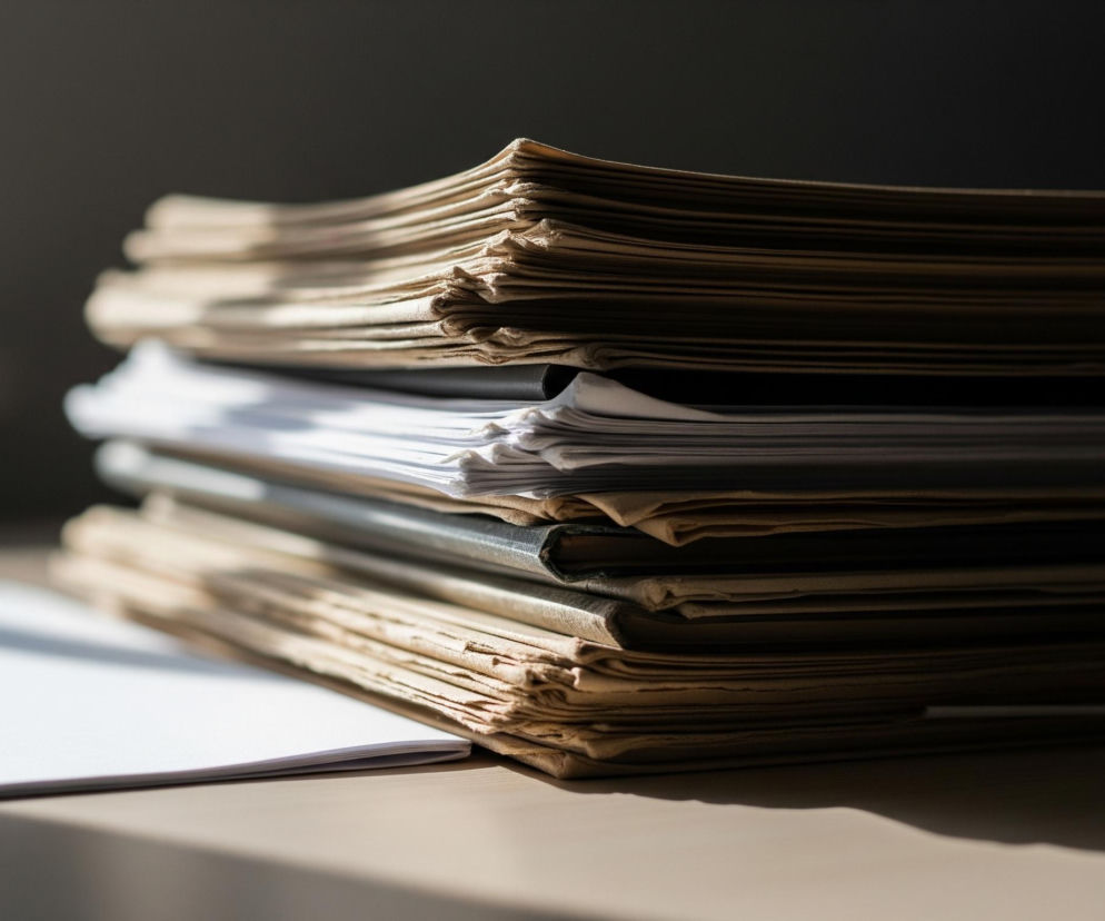 Na drewnianym blacie leży stos dokumentów, ułożony w kilka warstw. Górna warstwa to gruba teczka w odcieniu brązu, z widocznymi zagnieceniami na brzegach stron, lekko oświetlona z lewej strony. Poniżej znajduje się cieńsza warstwa białych kartek, a pod nią kolejna, ciemniejsza teczka lub segregator. Najniższa warstwa to znów brązowe, pogniecione kartki, rzucające cień na blat po prawej stronie. Na pierwszym planie po lewej stronie blatu leży pojedyncza biała kartka papieru, częściowo oświetlona.