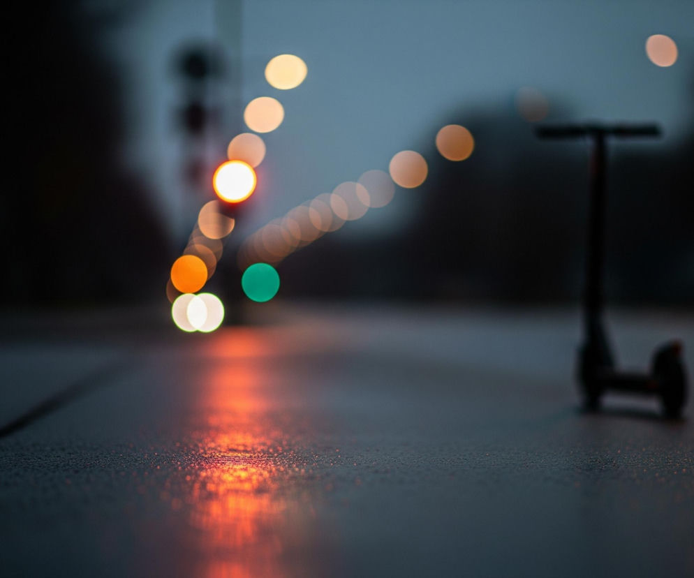Na pierwszym planie, z prawej strony, stoi rozmazana, ciemna hulajnoga elektryczna na mokrej, ciemnoszarej nawierzchni drogi. Droga jest wyraźnie wilgotna, odbijając światła znajdujące się w tle, tworząc pomarańczowo-czerwone refleksy na asfalcie. W tle rozciąga się rządek rozmytych, kulistych świateł bokeh w różnych kolorach – dominują pomarańczowe i jasnożółte, z jednym wyraźnym zielonym światłem pośrodku, sugerującym sygnalizację świetlną. Całość utrzymana jest w chłodnej tonacji szarości i granatów, z ciepłymi akcentami świetlnymi, co nadaje scenie wieczornego lub nocnego klimatu.