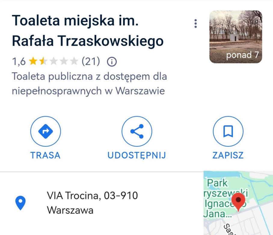 To najsłynniejsza toaleta w Polsce! "Toaleta miejska im. Rafała Trzaskowskiego" w Mapach Google