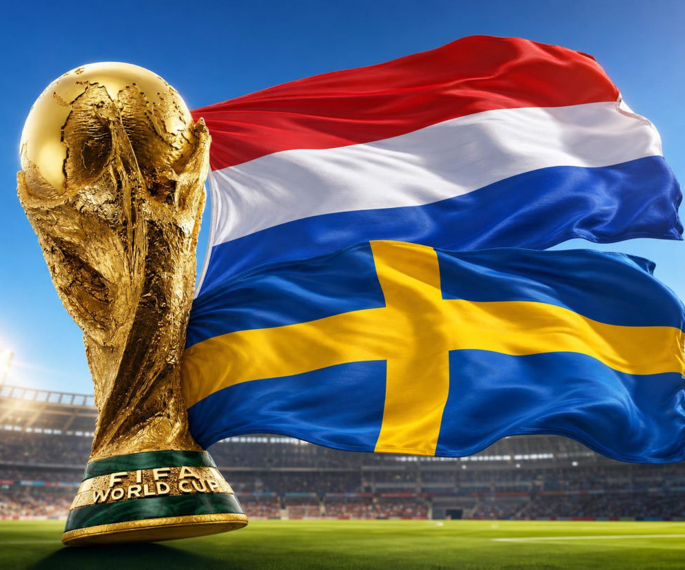Złote trofeum Pucharu Świata FIFA oraz flagi Holandii i Szwecji powiewające na tle stadionu piłkarskiego. Ten obraz symbolizuje rywalizację Holandia - Szwecja na Mundialu 2026, o której szczegóły przeczytasz na naszym portalu.
