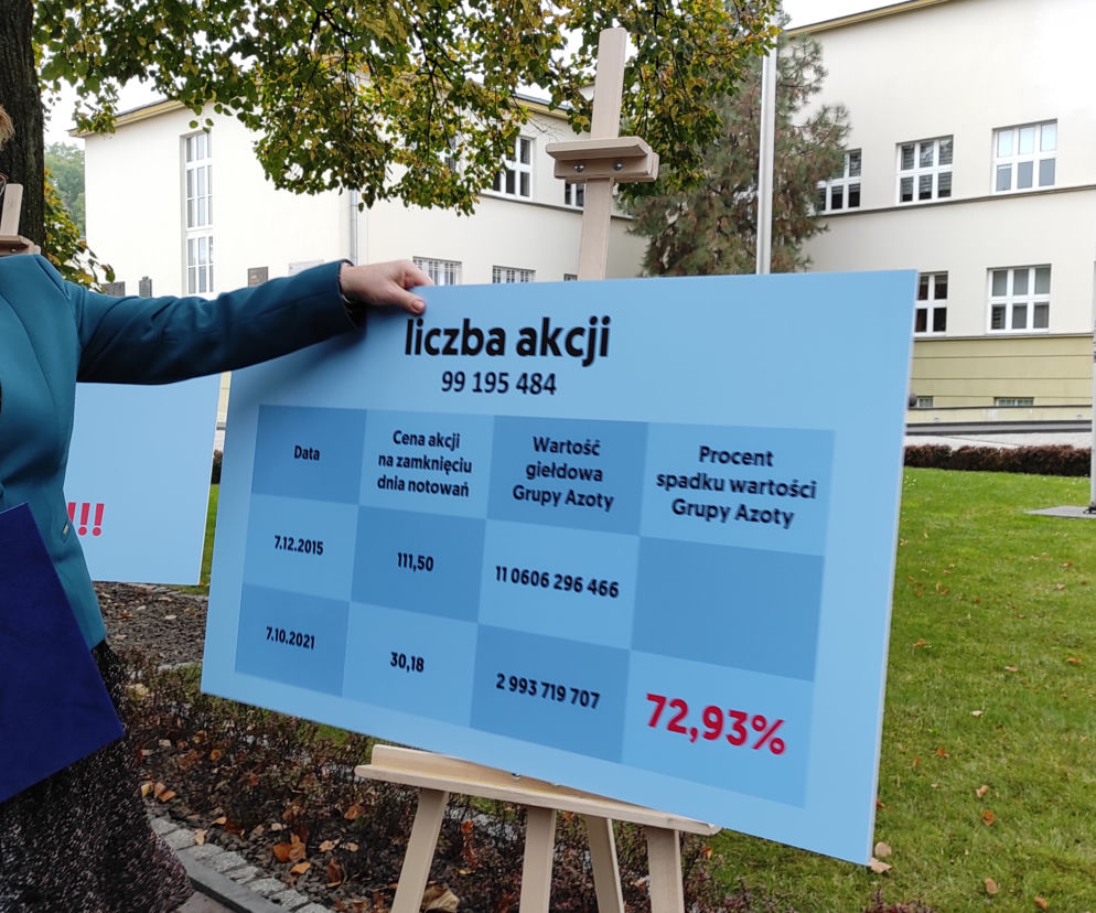 Urszula Augustyn podczas konferencji prasowej przed siedzibą Grupy Azoty w Tarnowie
