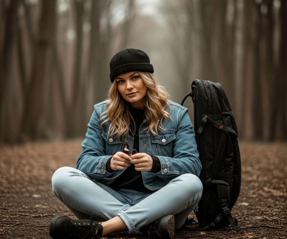 Młoda blondynka w czarnej czapce i jeansowej kurtce siedzi ze skrzyżowanymi nogami na leśnej ścieżce, trzymając w rękach dwa małe przedmioty. Obok niej stoi czarny plecak. Zdjęcie symbolizuje potrzebę dbania o zdrowie, co znajdziesz na Super Biznes.