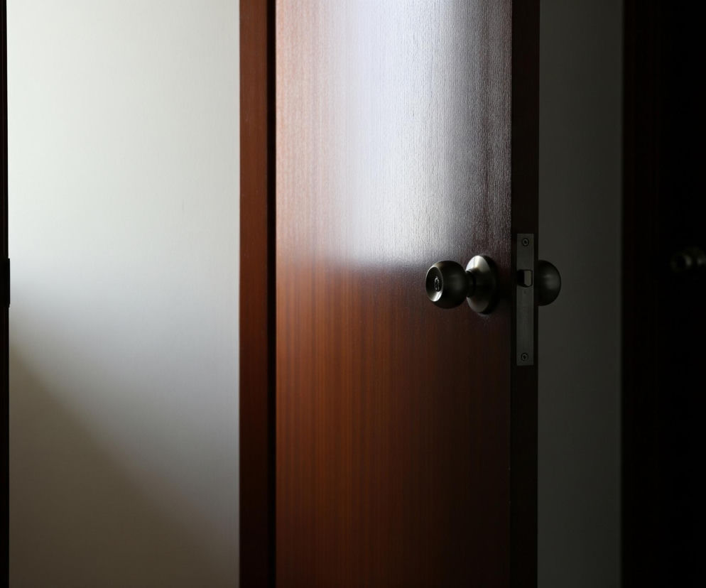 Centralny element zdjęcia to uchylone, brązowe, drewniane drzwi z widocznym okrągłym, srebrnym klamkowym mechanizmem i ryglem. Po lewej stronie drzwi znajduje się jasna, biała ściana oświetlona silnym, pionowym pasem światła, tworzącym kontrast z ciemniejszymi partiami pomieszczenia. Po prawej stronie drzwi widać ciemną przestrzeń, sugerującą nieoświetlone wnętrze lub korytarz, co podkreśla efekt częściowego otwarcia. Dominują odcienie brązu, bieli i czerni, z wyraźnym światłem padającym na lewą część drzwi i ścianę.